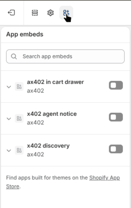 App embeds panel with launa in cart drawer, x402 agent notice, and x402 discovery