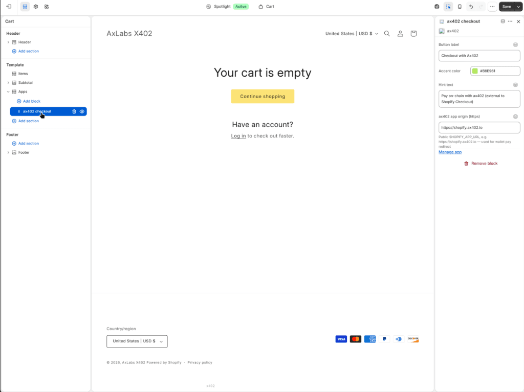 Cart template with one launa checkout block and the origin set
