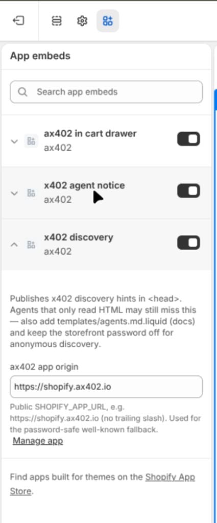 x402 discovery embed with the app origin set to https://shopify.launa.io